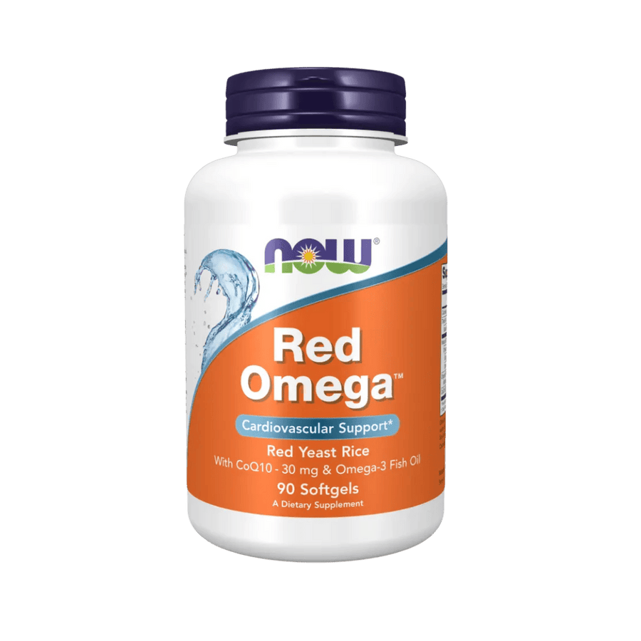 Supplement bottle labeled 'Red Omega' with NOW brand on a green background