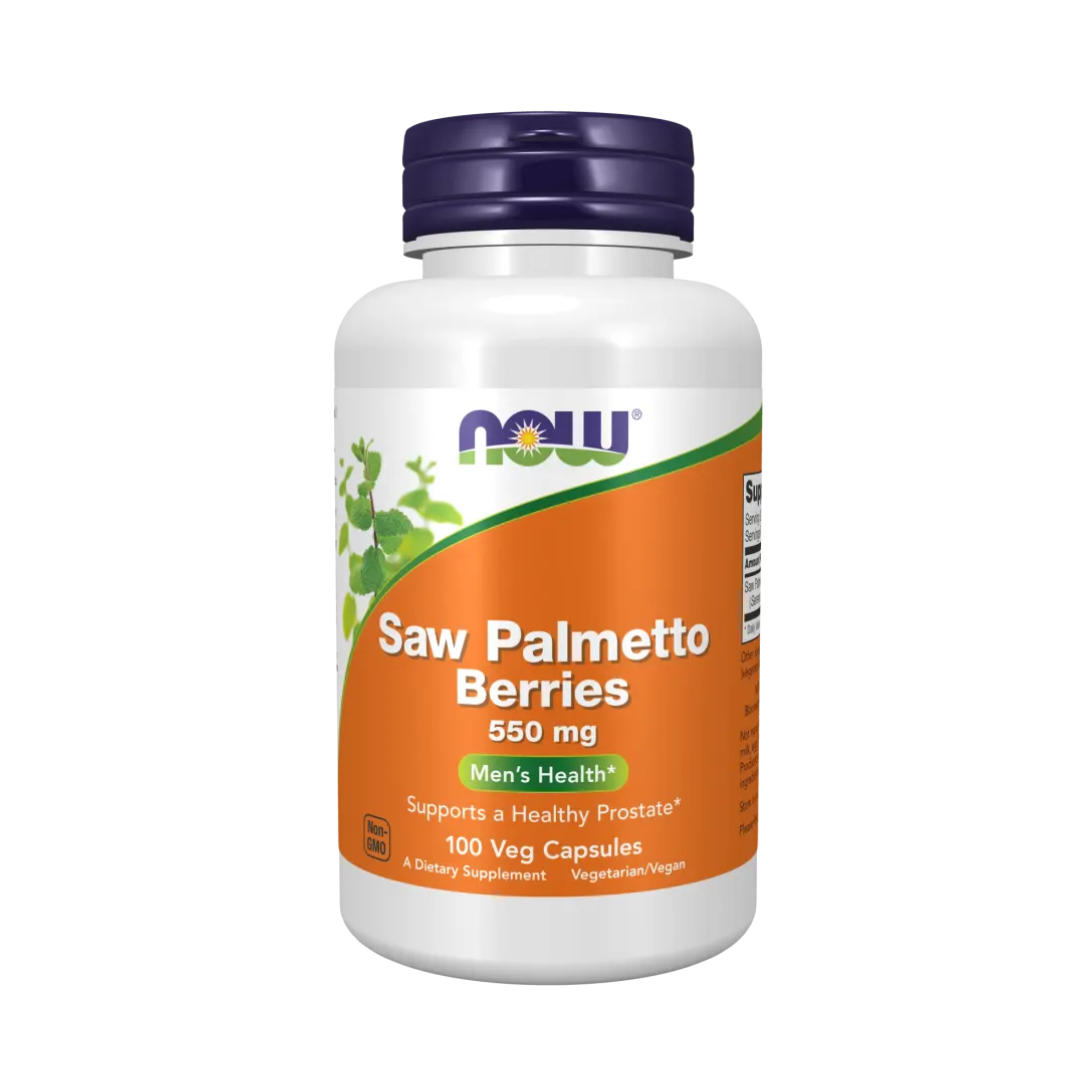 Supplement bottle labeled 'Saw Palmetto Berries' by NOW on a white background