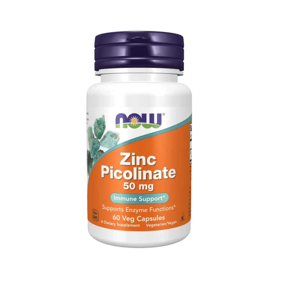 Supplement bottle labeled 'Zinc Picolinate 50 mg' with NOW brand on a green background