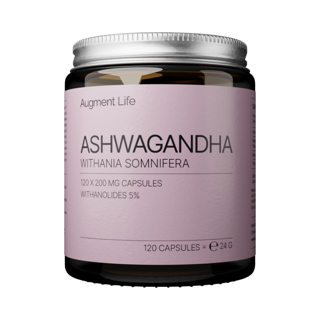 Jar of Ashwagandha capsules with a purple label on a white background