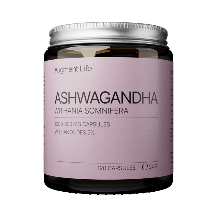 Jar of Ashwagandha capsules with a purple label on a white background