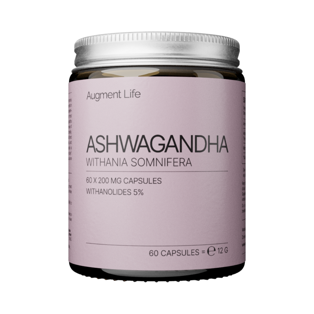 Jar of Ashwagandha capsules with a pink label on a white background