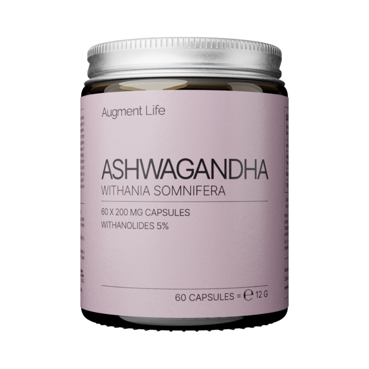 Jar of Ashwagandha capsules with a pink label on a white background