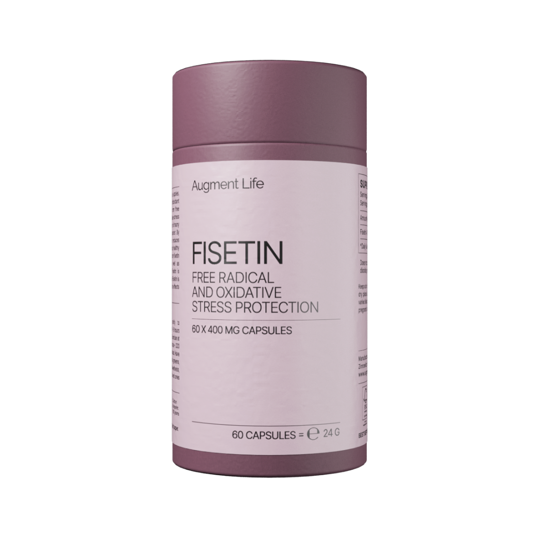 Supplement container labeled 'Fisetin' for free radical and oxidative stress protection on a white background.