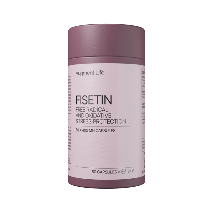 Supplement container labeled 'Fisetin' for free radical and oxidative stress protection on a white background.
