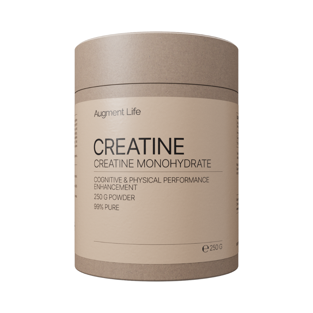 Beige container of Augment Life Creatine Monohydrate on a white background