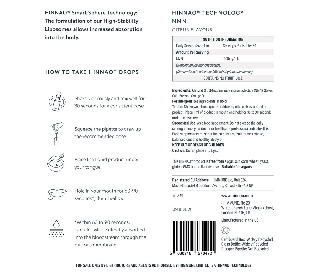 Back of a HINNAA supplement bottle with text, nutrition information, and usage instructions.