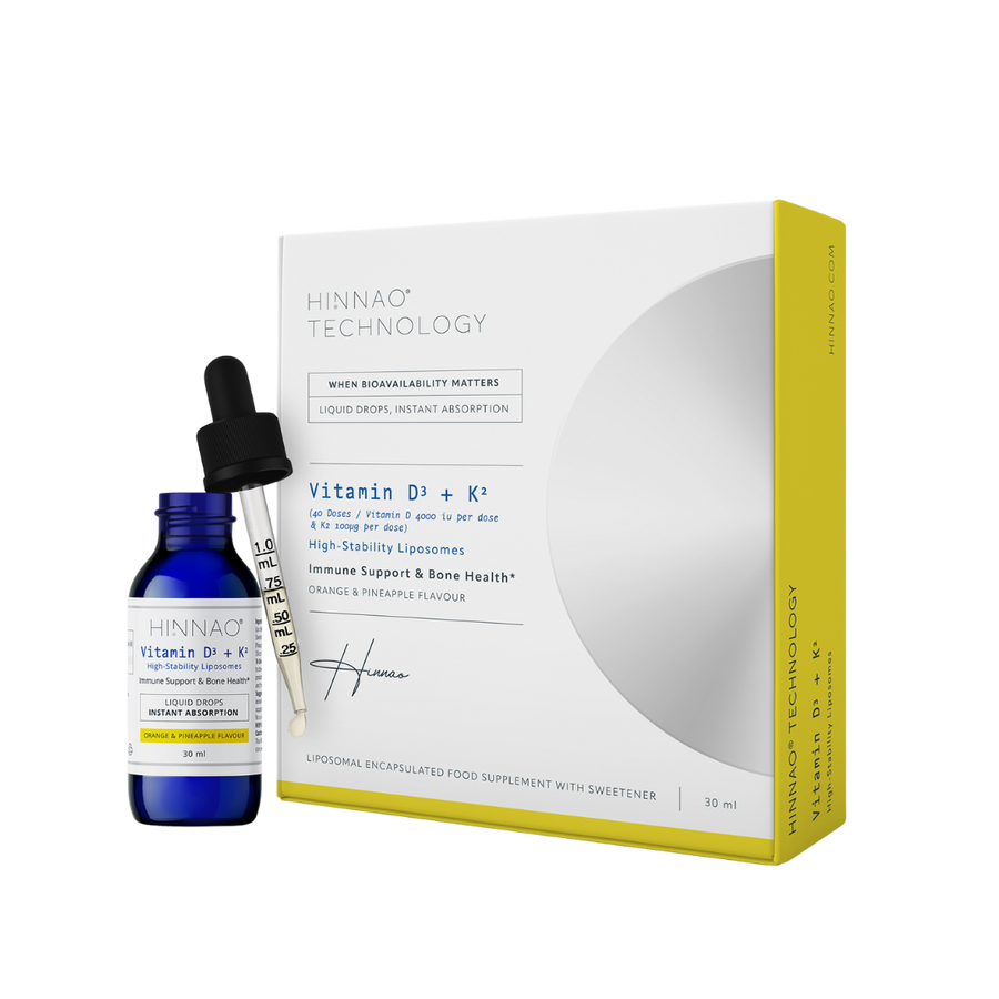 Hinnao Vitamin D3 + K2 supplement bottle and dropper with packaging on a white background
