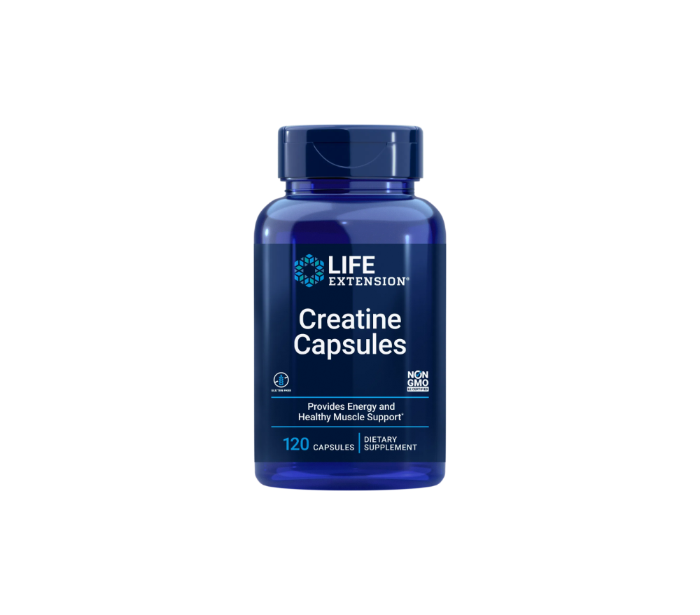 Blue bottle of Life Extension Creatine Capsules on a transparent background