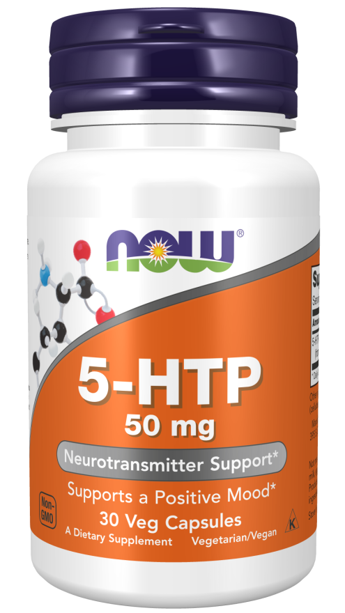 bottle with label 5-HTP 50  mg Veg Capsule NOW
