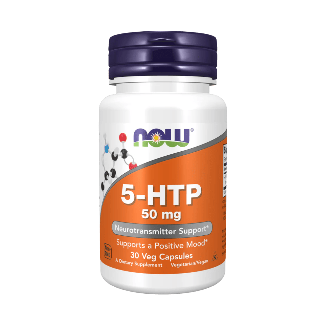 Supplement bottle labeled '5-HTP 50 mg' with Now brand on a green background