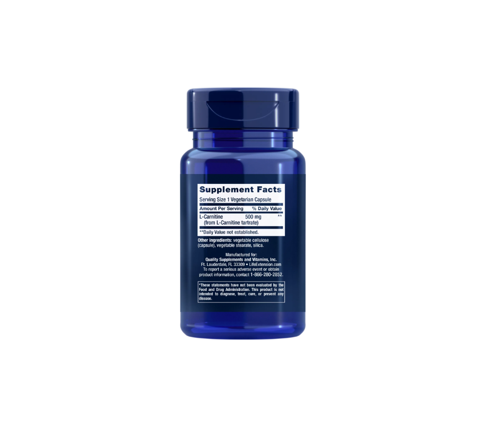 Back label of Life Extension L-Carnitine 500 mg supplement bottle, showing supplement facts and ingredients list