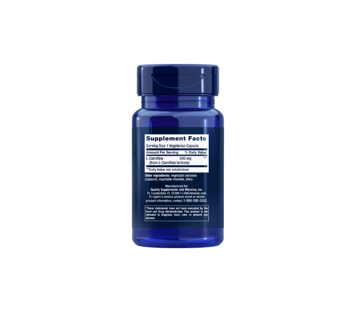 Back label of Life Extension L-Carnitine 500 mg supplement bottle, showing supplement facts and ingredients list