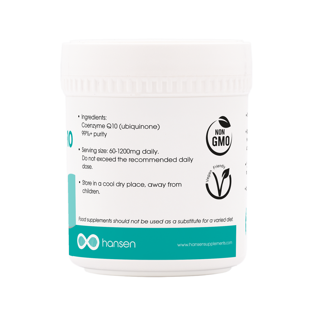 Back view of Hansen Coenzyme Q10 99% powder container – ingredient and certification details