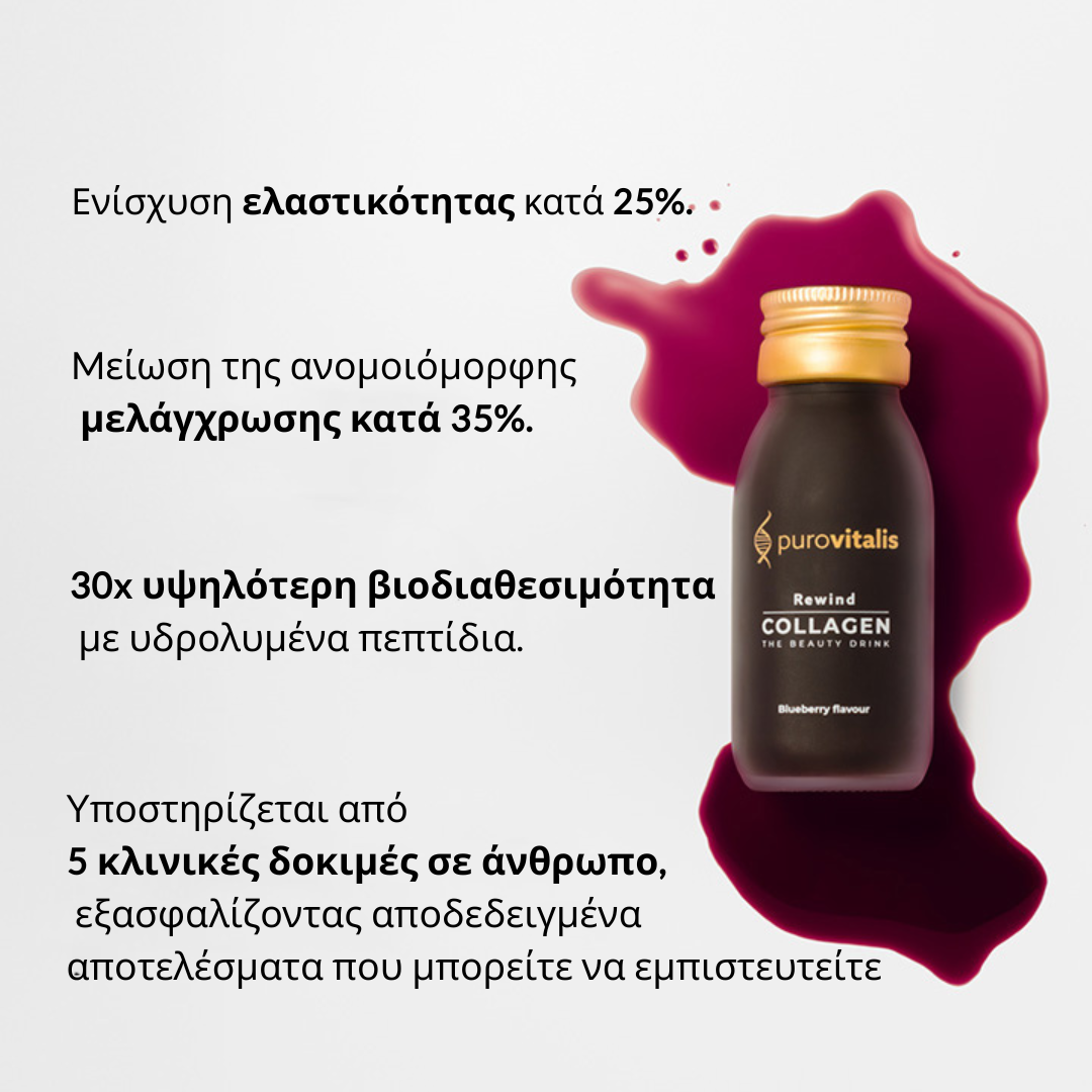Purovitalis collagen product with Greek text listing its benefits.