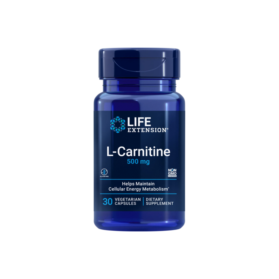 Blue bottle of Life Extension L-Carnitine 500 mg supplement, contains 30 vegetarian capsules