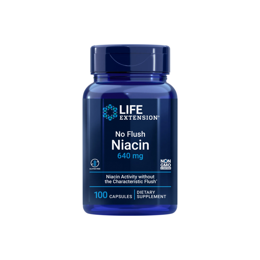 Front of Life Extension No Flush Niacin supplement bottle – 800 mg, 100 vegetarian capsules. Blue and white label highlighting support for cholesterol and energy metabolism.