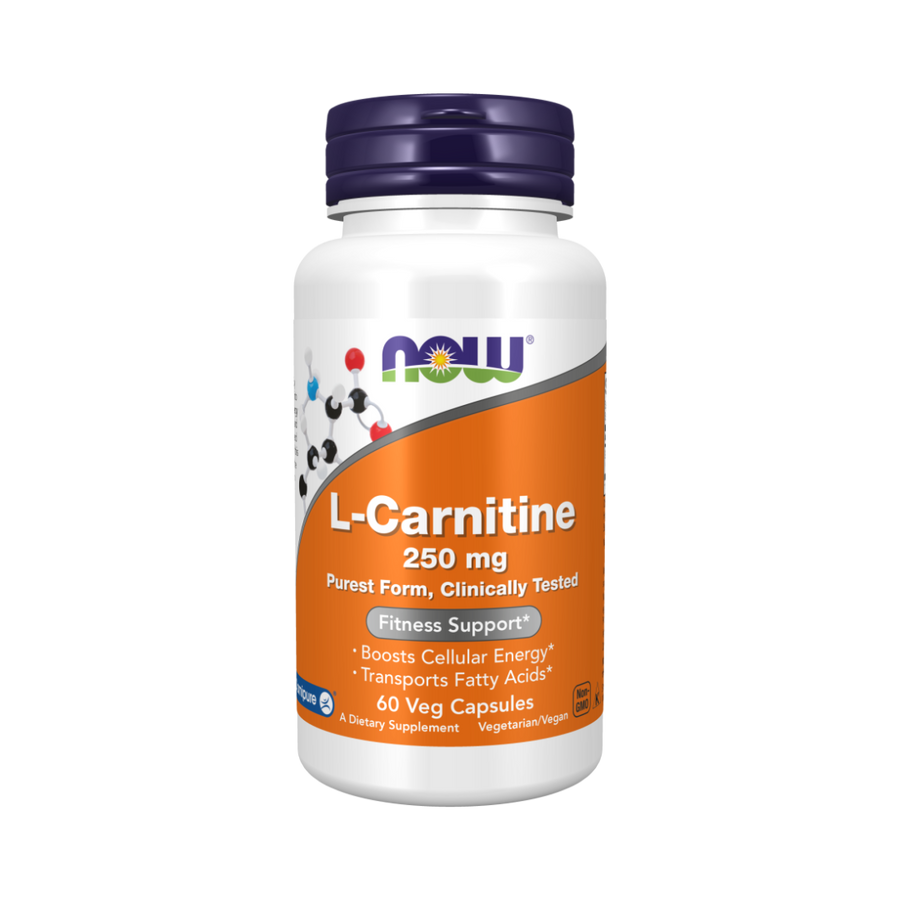 Front view of NOW L-Carnitine 250mg bottle – Carnipure™ supplement for energy and fat metabolism