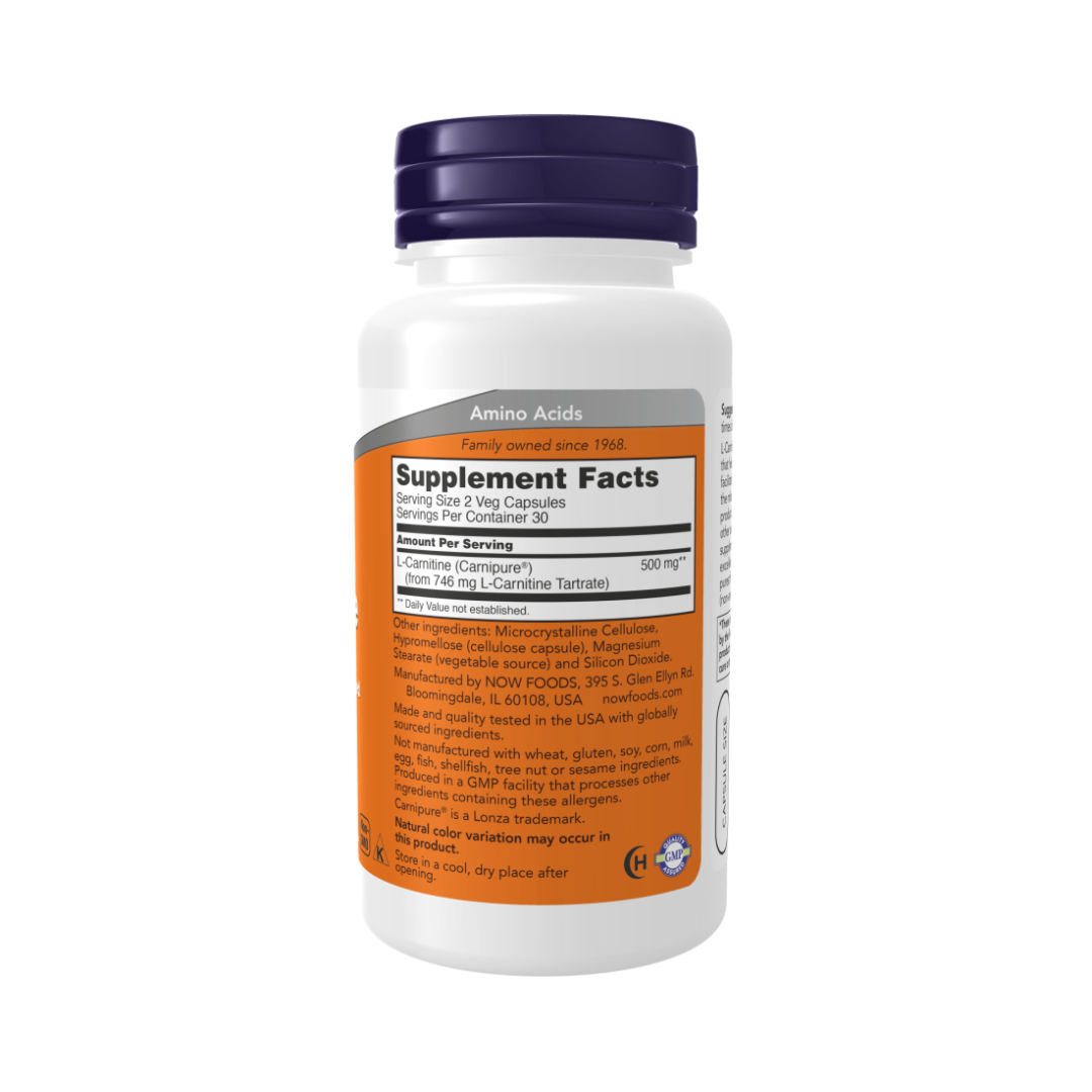 Side view of NOW L-Carnitine bottle showing supplement facts and ingredient list