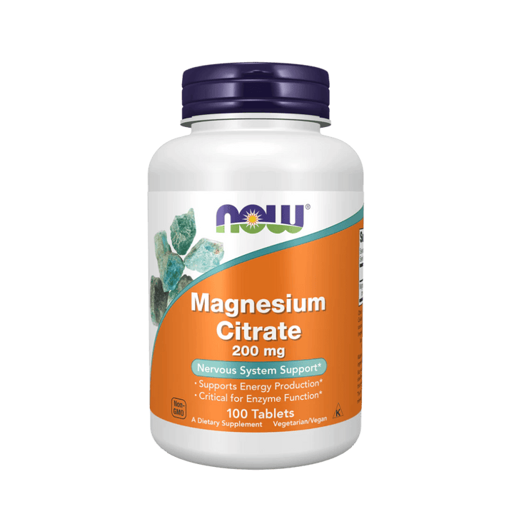 Bottle of NOW Magnesium Citrate supplement on a green background