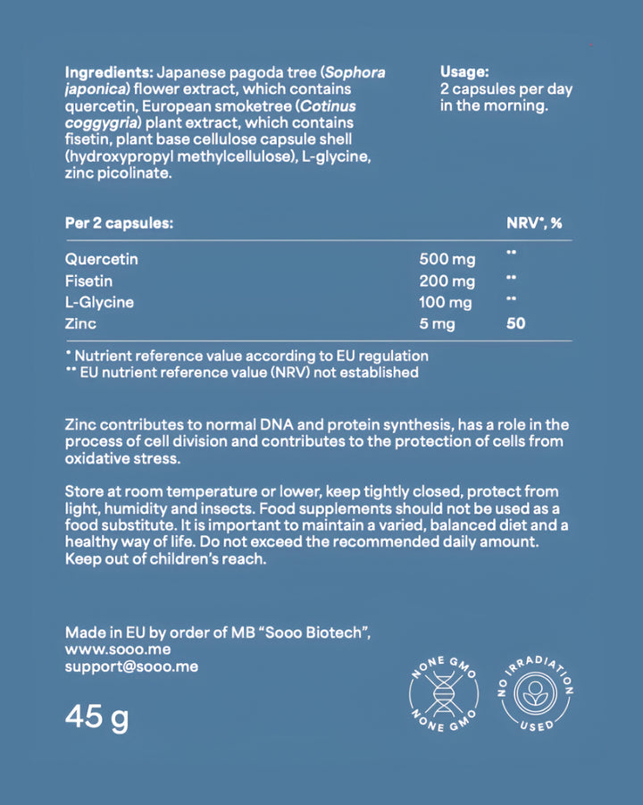 Nutritional table of SOOO Cellular showing ingredients and amounts per 2 capsules on blue background
