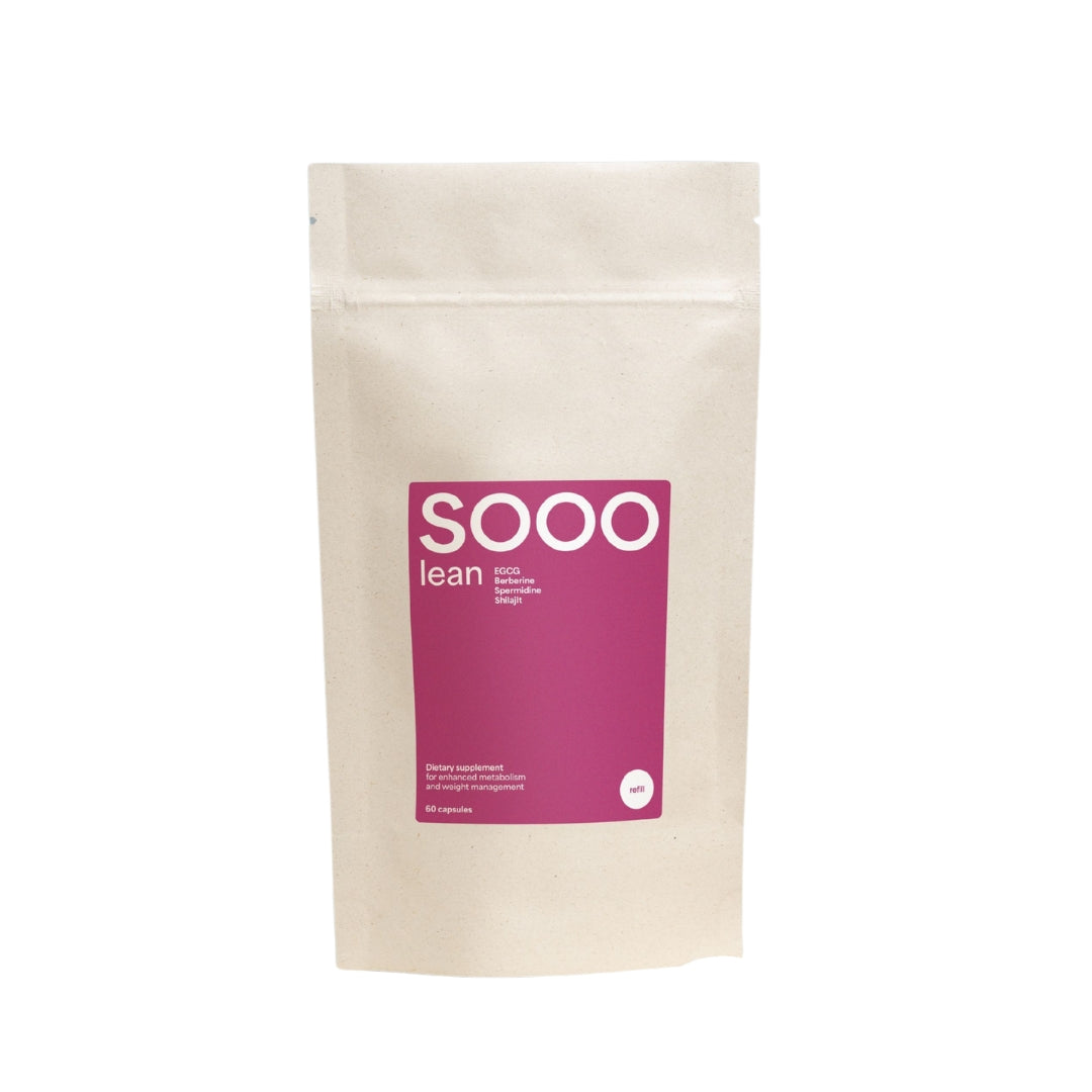 Image of SOOO Lean refill bag standing upright, showing packaging design.