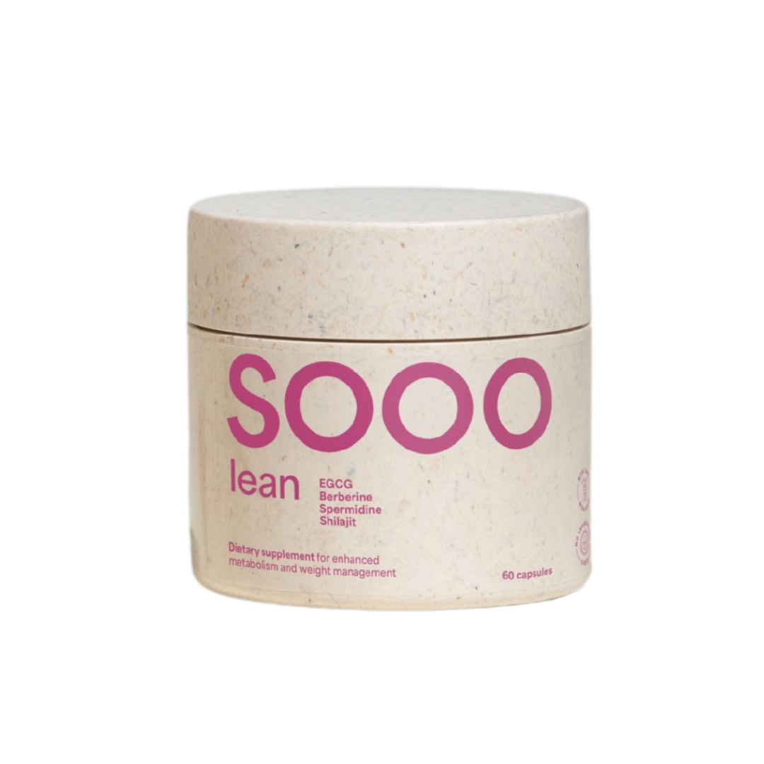 Close-up image of SOOO Lean supplement jar with label visible