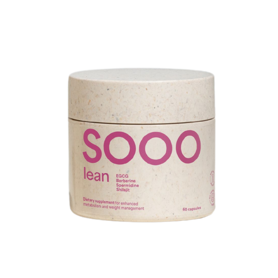 Close-up image of SOOO Lean supplement jar with label visible