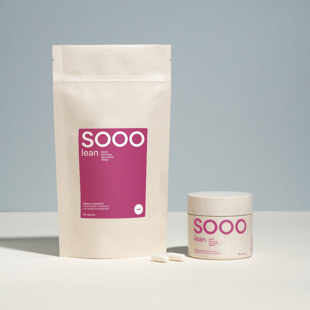 Image of SOOO Lean supplement jar alongside the refill bag