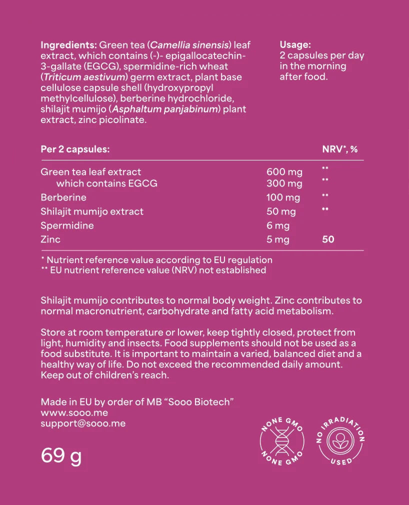 Image of SOOO Lean supplement ingredient information displayed on a vibrant fuchsia background.