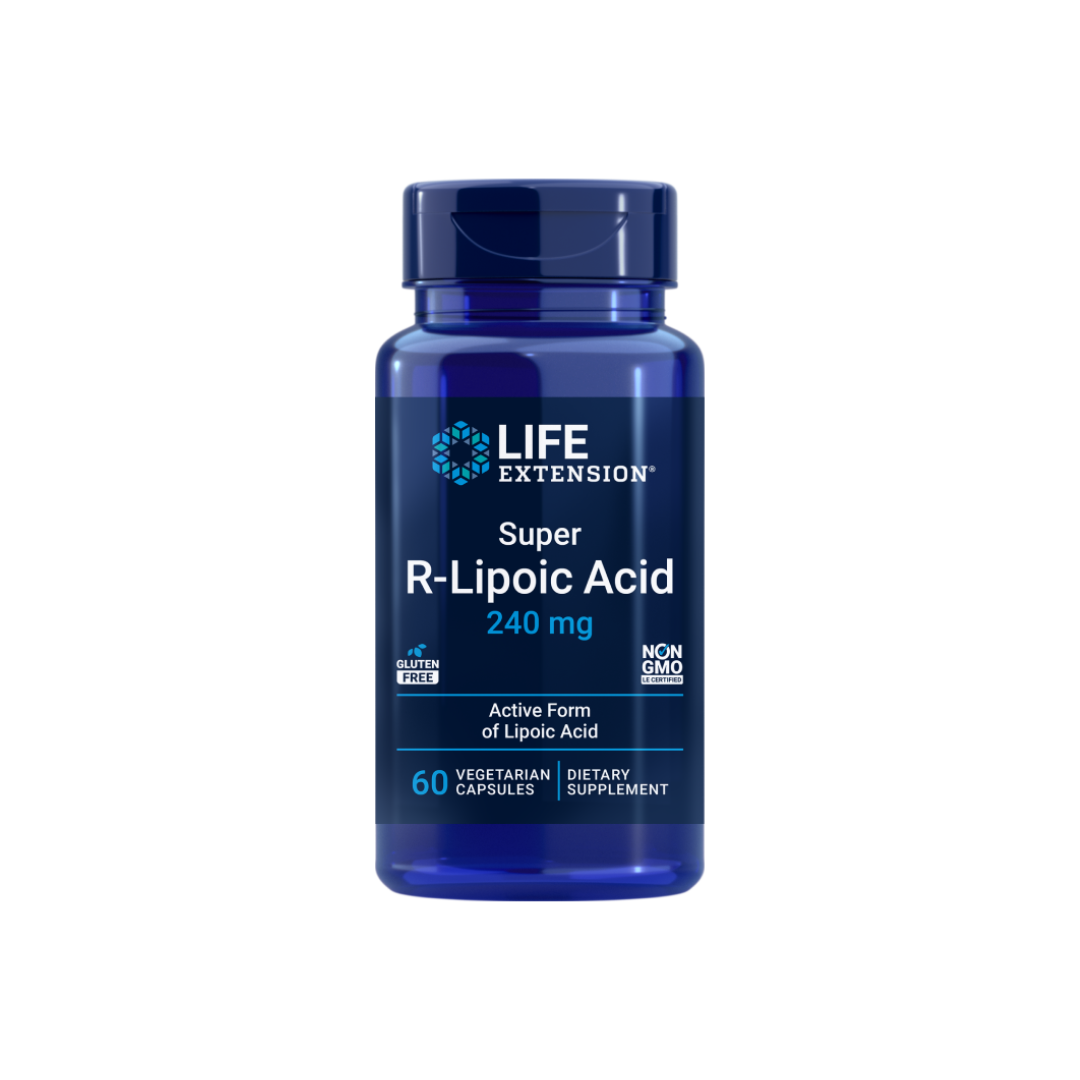 Front view of Super R-Lipoic Acid supplement bottle with label showing 240 mg active R-lipoic acid, gluten-free and Non-GMO.