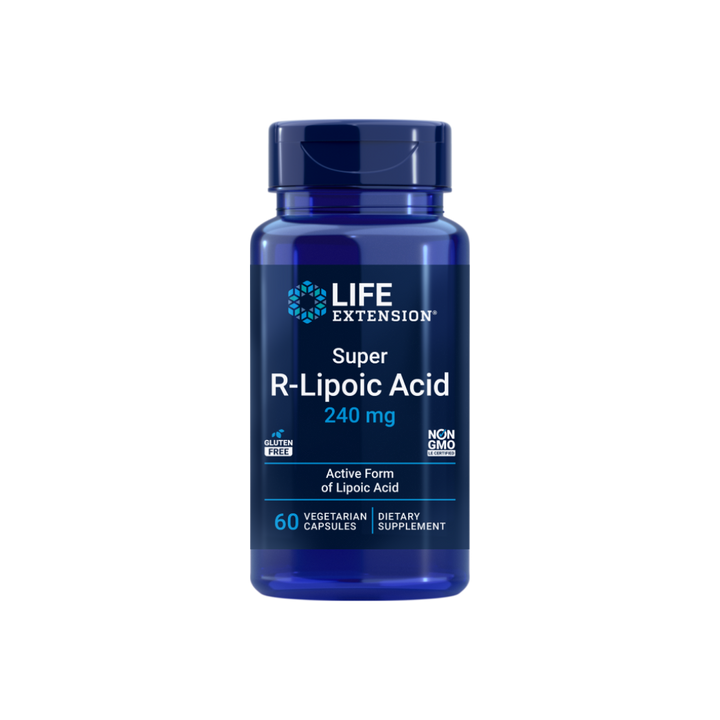 Front view of Super R-Lipoic Acid supplement bottle with label showing 240 mg active R-lipoic acid, gluten-free and Non-GMO.