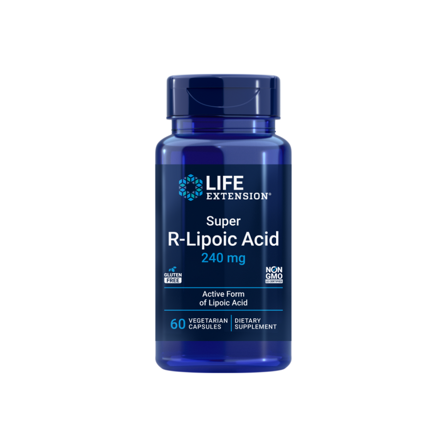 Front view of Super R-Lipoic Acid supplement bottle with label showing 240 mg active R-lipoic acid, gluten-free and Non-GMO.