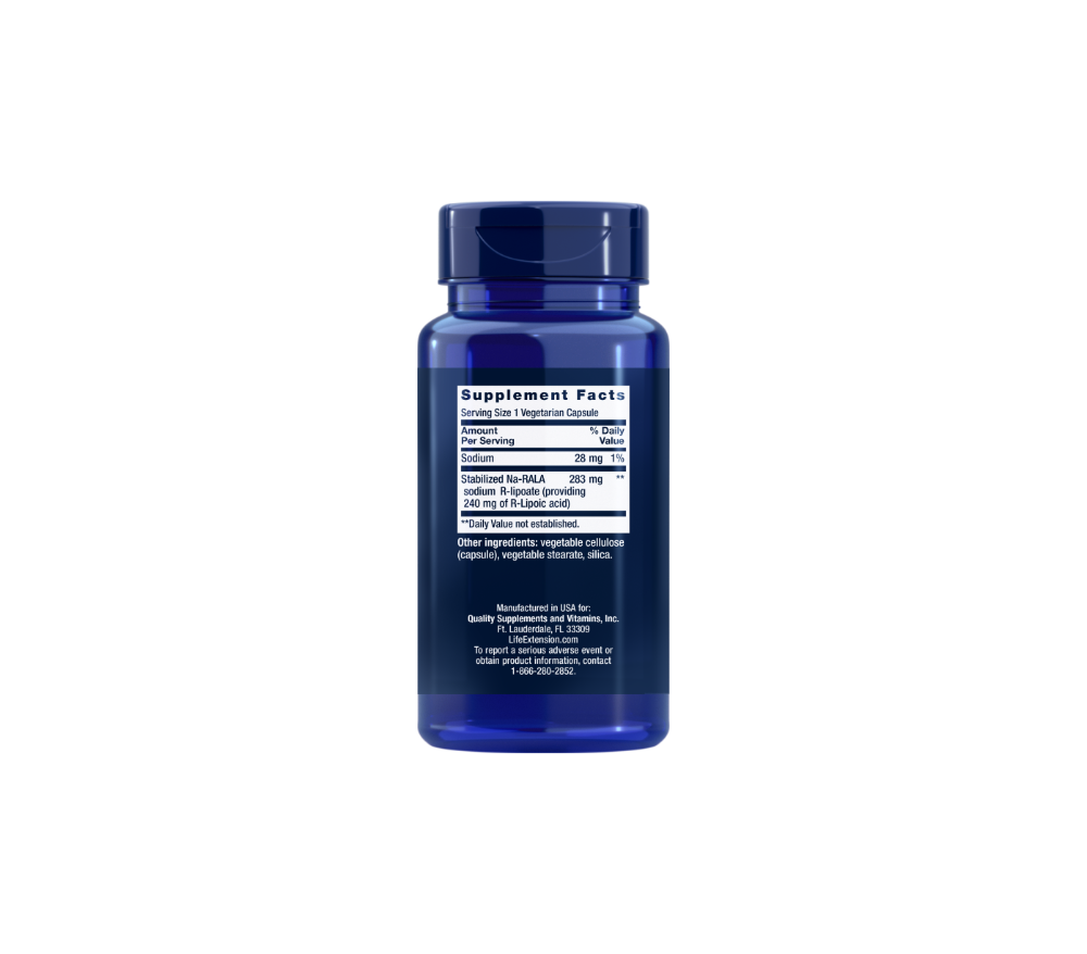 Back view of blue bottle of Super R-Lipoic Acid supplement displaying ingredients, supplement facts, dosage instructions, and warnings.