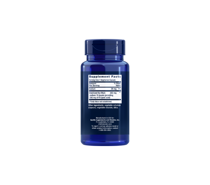 Back view of blue bottle of Super R-Lipoic Acid supplement displaying ingredients, supplement facts, dosage instructions, and warnings.