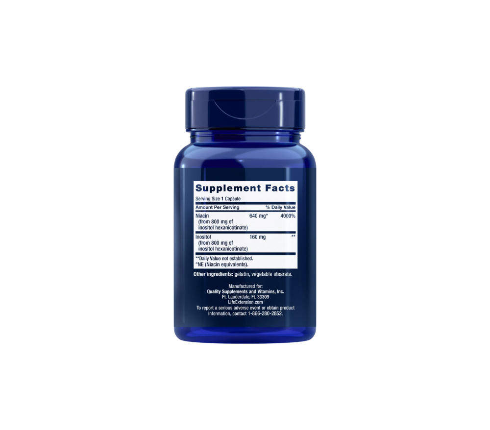 Back of Life Extension No Flush Niacin bottle showing Supplement Facts label and ingredients, dosage instructions, and product warnings.