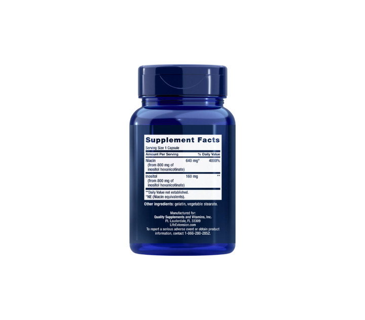 Back of Life Extension No Flush Niacin bottle showing Supplement Facts label and ingredients, dosage instructions, and product warnings.
