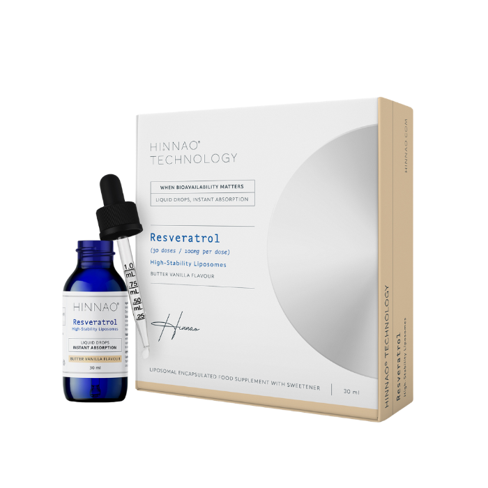 Hinnao Resveratrol supplement bottle and dropper with packaging on a transparent background