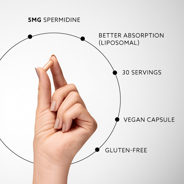Hand holding a pill with nutritional information text around it on a light gray background