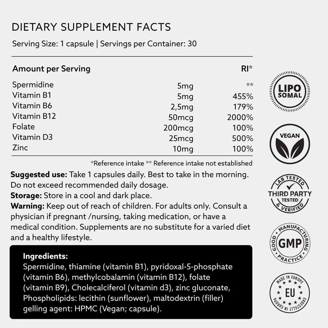 Supplement label with dietary facts, storage instructions, and product details.