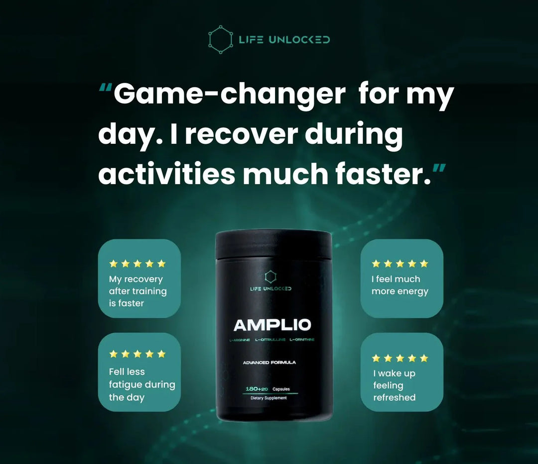 Black supplement container labeled 'AMPLIO' with positive user testimonials on a dark background.