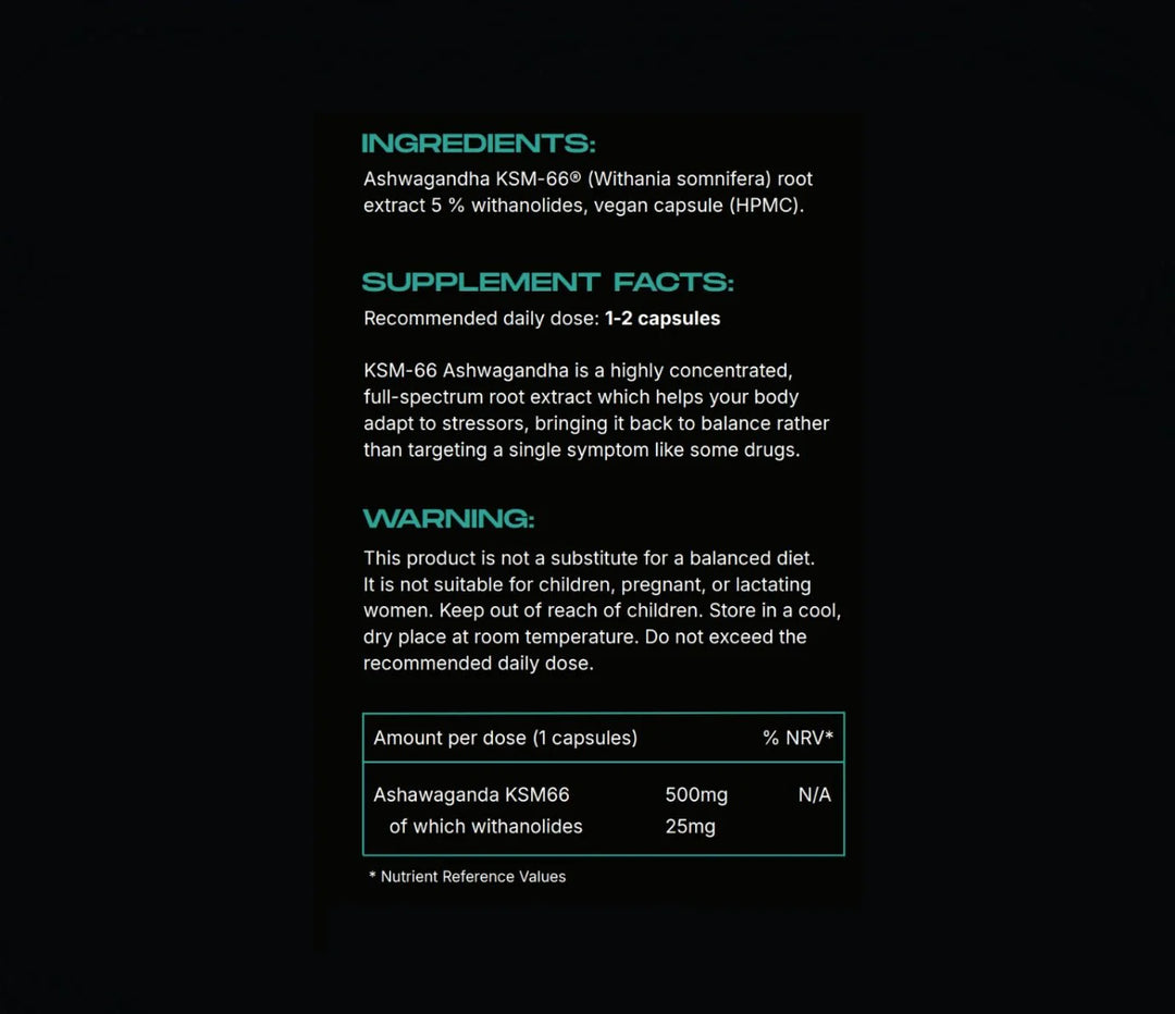Supplement label with ingredients, supplement facts, and warning on a black background