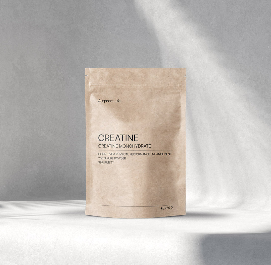 Kraft paper packaging of 'Creatine Monohydrate' 250g by Augment Life on a gray background