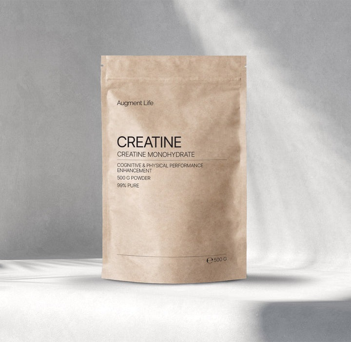 Kraft paper packaging of 'Creatine Monohydrate' 500g by Augment Life on a gray background