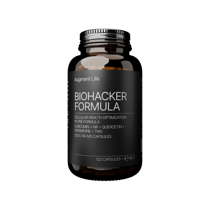 Bottle of Biohacker Formula supplement on a transparent background