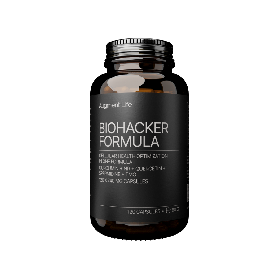 Bottle of Biohacker Formula supplement on a transparent background