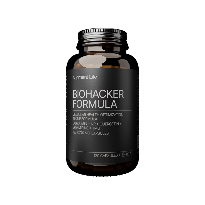 Bottle of Biohacker Formula supplement on a white background