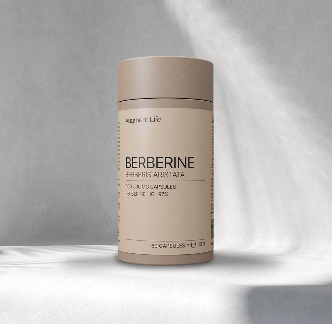 Beige supplement container labeled 'Berberine' on a gray background