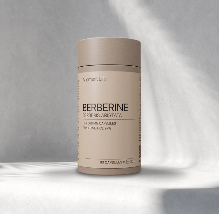 Beige supplement container labeled 'Berberine' on a gray background