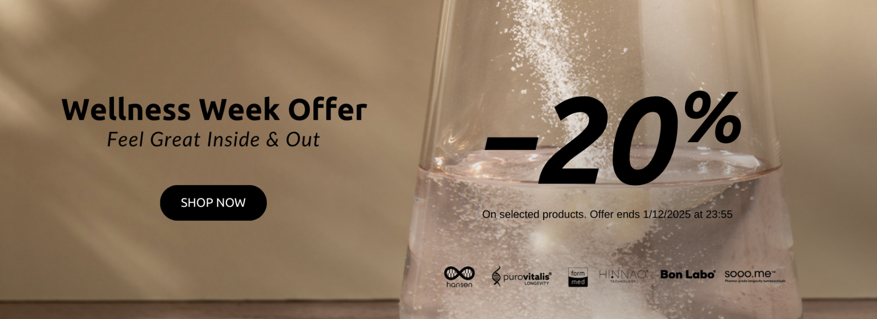 Promotional graphic for Wellness Week Offer with a glass of water and溶解ing powder, featuring a 20% discount.